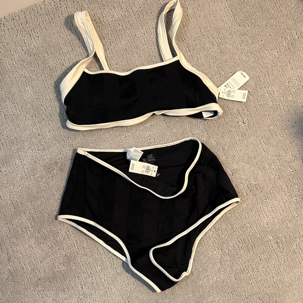 Black & Cream High-Waist Bikini Set - Women's Swim
